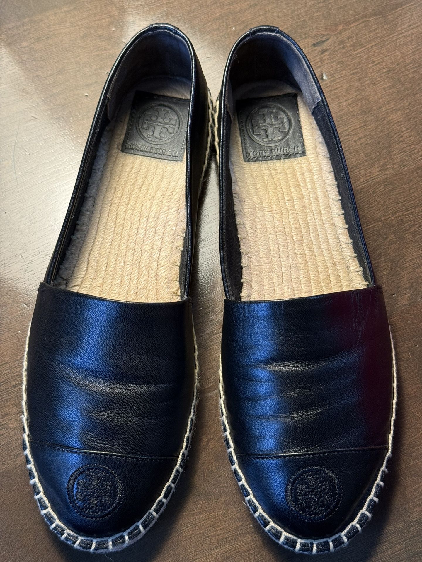  Tory Burch Black Leather Logo Cap Toe Espadrille Flats Size 8  Originally $299