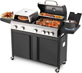 3 IN 1 Pizza Griddle Grill Combo, 74,000 BTU 5-Burner Stainless Steel Propane Gas Grill with Side Burner, Porcelain Enameled Cast Iron Gra