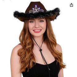 Cowgirl Hat with Feather Trim - (Brown)