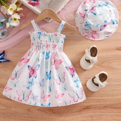 Baby's Cartoon Colorful Butterfly Pattern Shirred Sundress & Sunhat