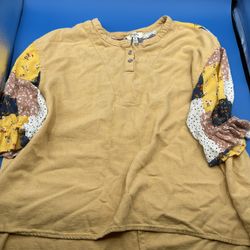 Umgee Patchwork Balloon Sleeve Button Tunic Blouse M