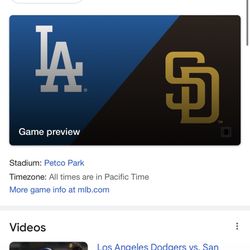 San Diego Padres Vs Los Angeles Dodgers. 2 Tickets. Saturday Night Game. 
