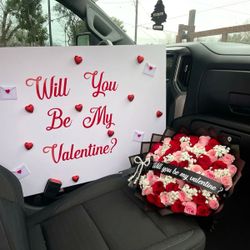 Custom Valentine's Day Proposal With Sign And Bouquet 