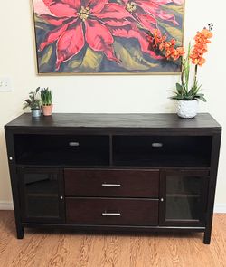 Dark Mahogany Espresso Modern Long Rectangular Media Big Screen TV Stand Glass Shelves Drawers Storage