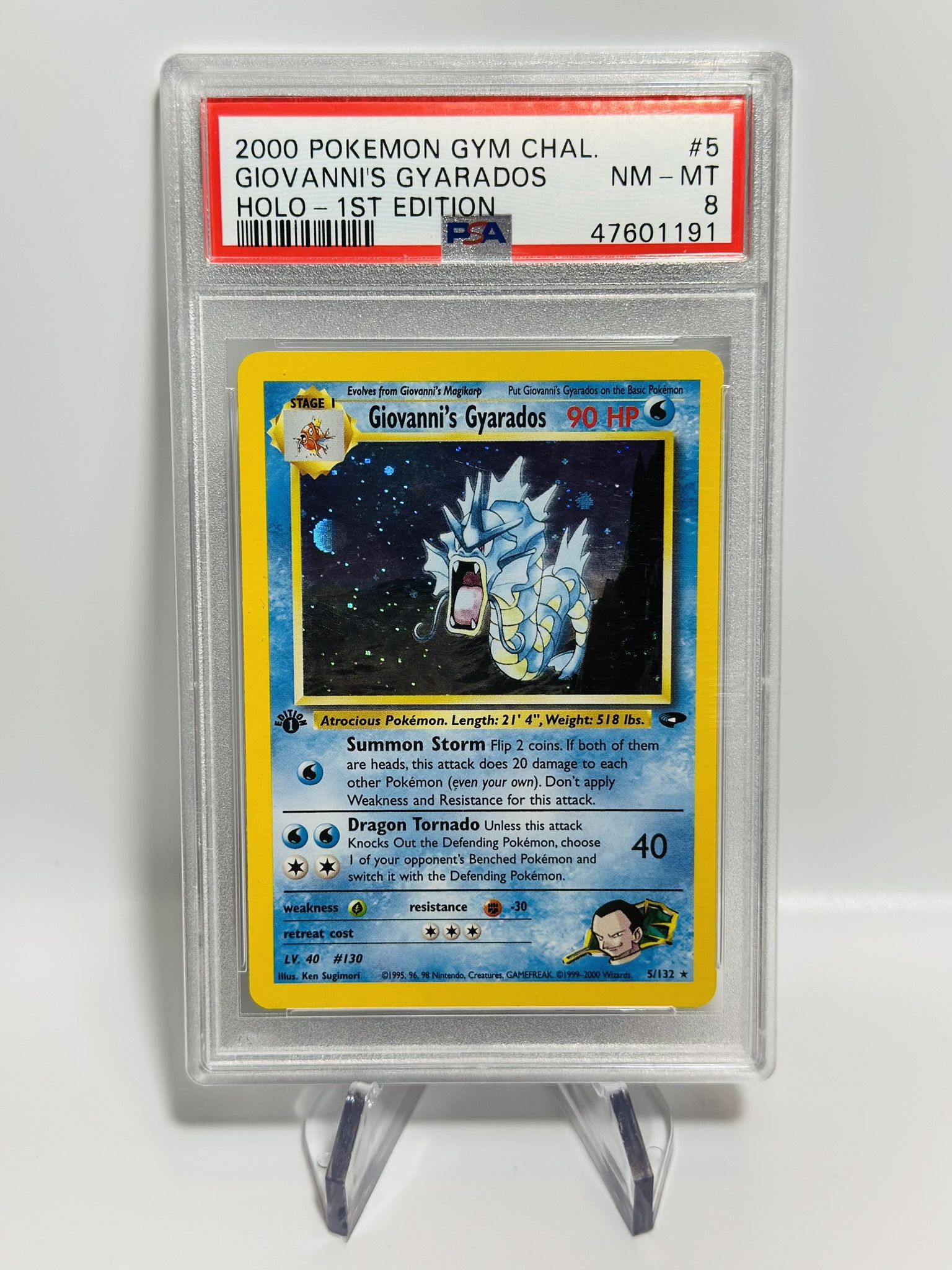 Pokemon 1st Edition Giovanni’s Gyarados Holo #5 Gym Challange PSA 8 Holo Moon And Swirl!