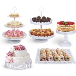 Cake Stand 5 Pc. Set with 3-Tier, 2-Tier, and Round Displays, Pedestal Dessert Stands, and Square Serving Tray Platter for Cupcakes, Pies, Cookies, Pa