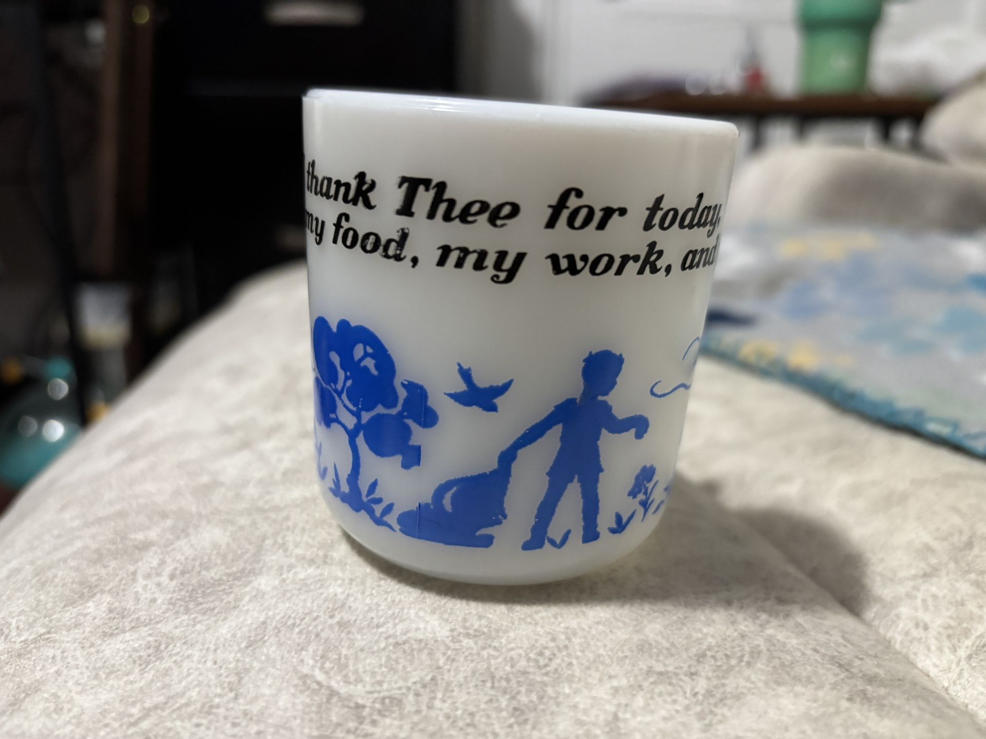 Vintage Child’s Milk Glass Prayer Mug – Blue Boy & Dog Graphic