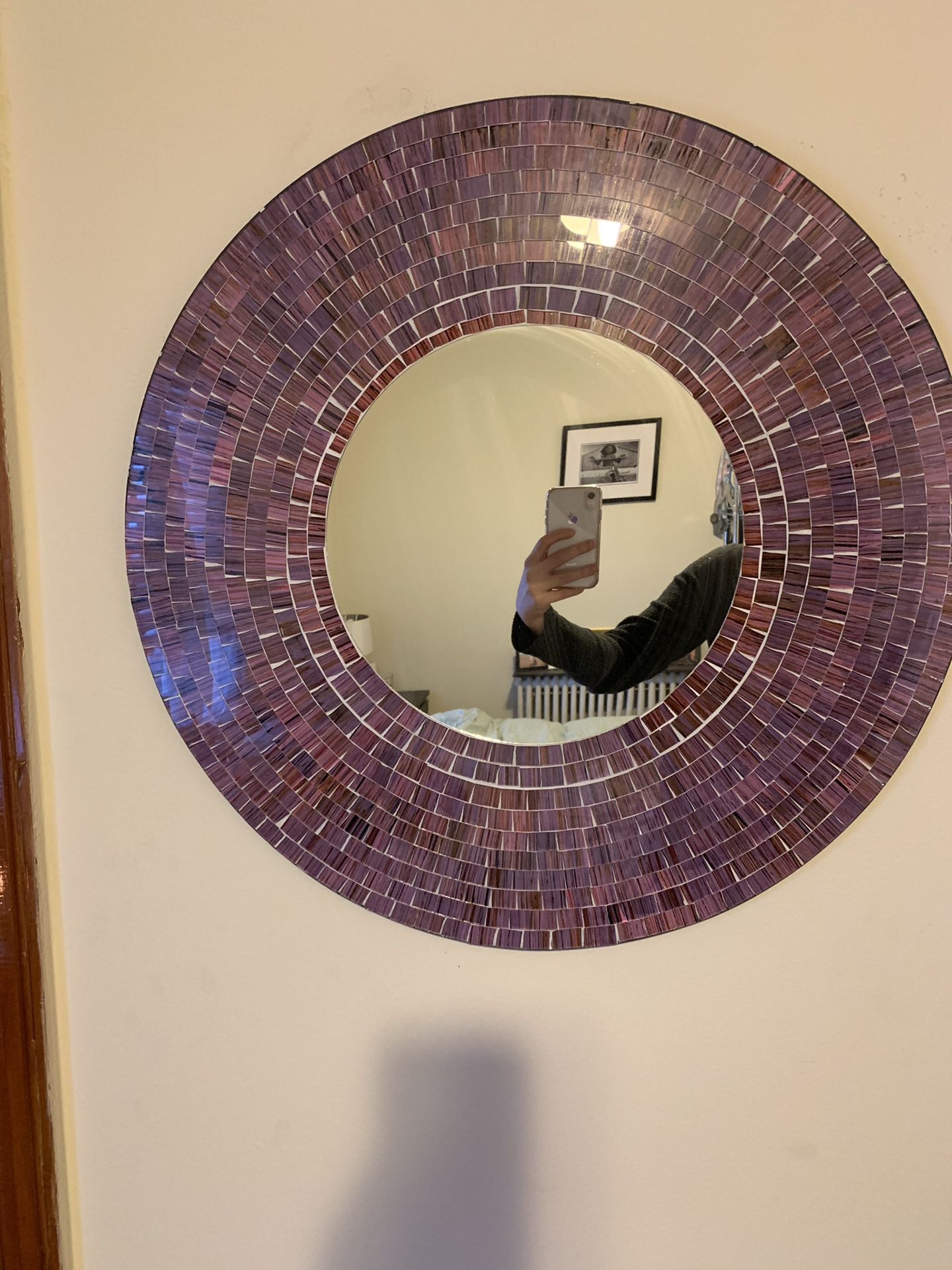 Round purple tiled mosaic mirror