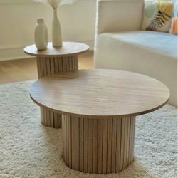 Set of 2 Boho Round Nesting Coffee Tables Fluted Wood Design for Living Room New in Box