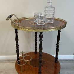 Vintage MCM Italian Rosewood Marquetry Bar / Tea Cart Brass Heart Gallery Rail/ FREE SHIPPING 