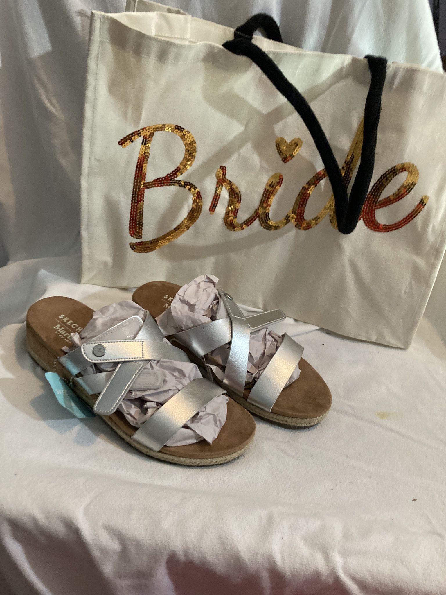 Bride Tot Bag / Silver sketcher sandals by Martha Stewart