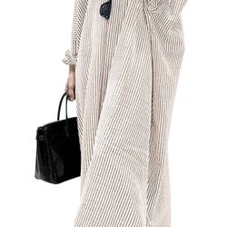 Women's Casual Long Sleeve Button Down Loose Striped Cotton Maxi Shirt Dress (XL) 