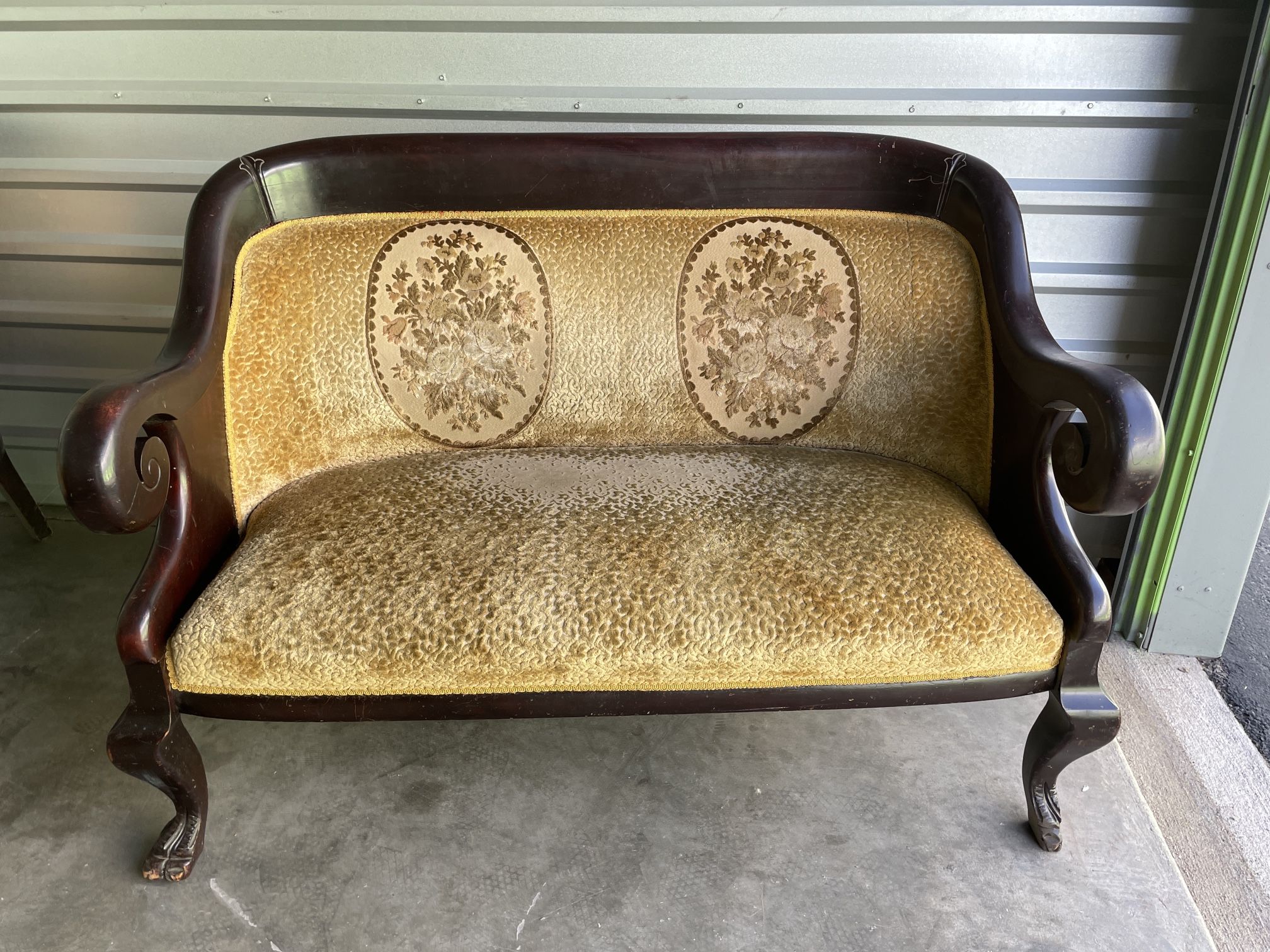 3 PC Antique Victorian Rococo Revival Settee Loveseat Carved Mahogany Floral Upholstery