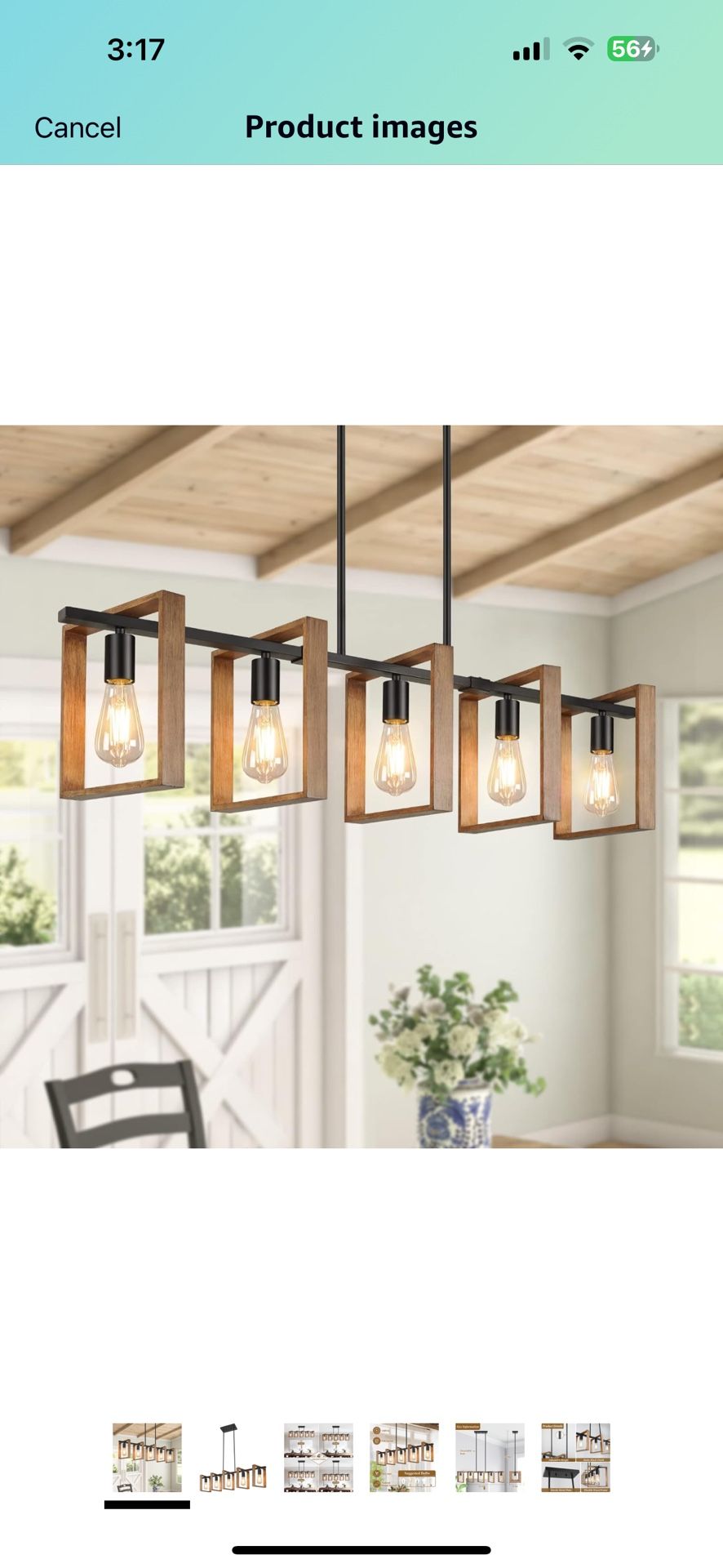 53’’ Farmhouse Kitchen Island Lighting, 5-Light Adjustable Dining Room Light Fixtures, Rustic Wood Chandeliers Black Hanging Light Fixtures for Kitche