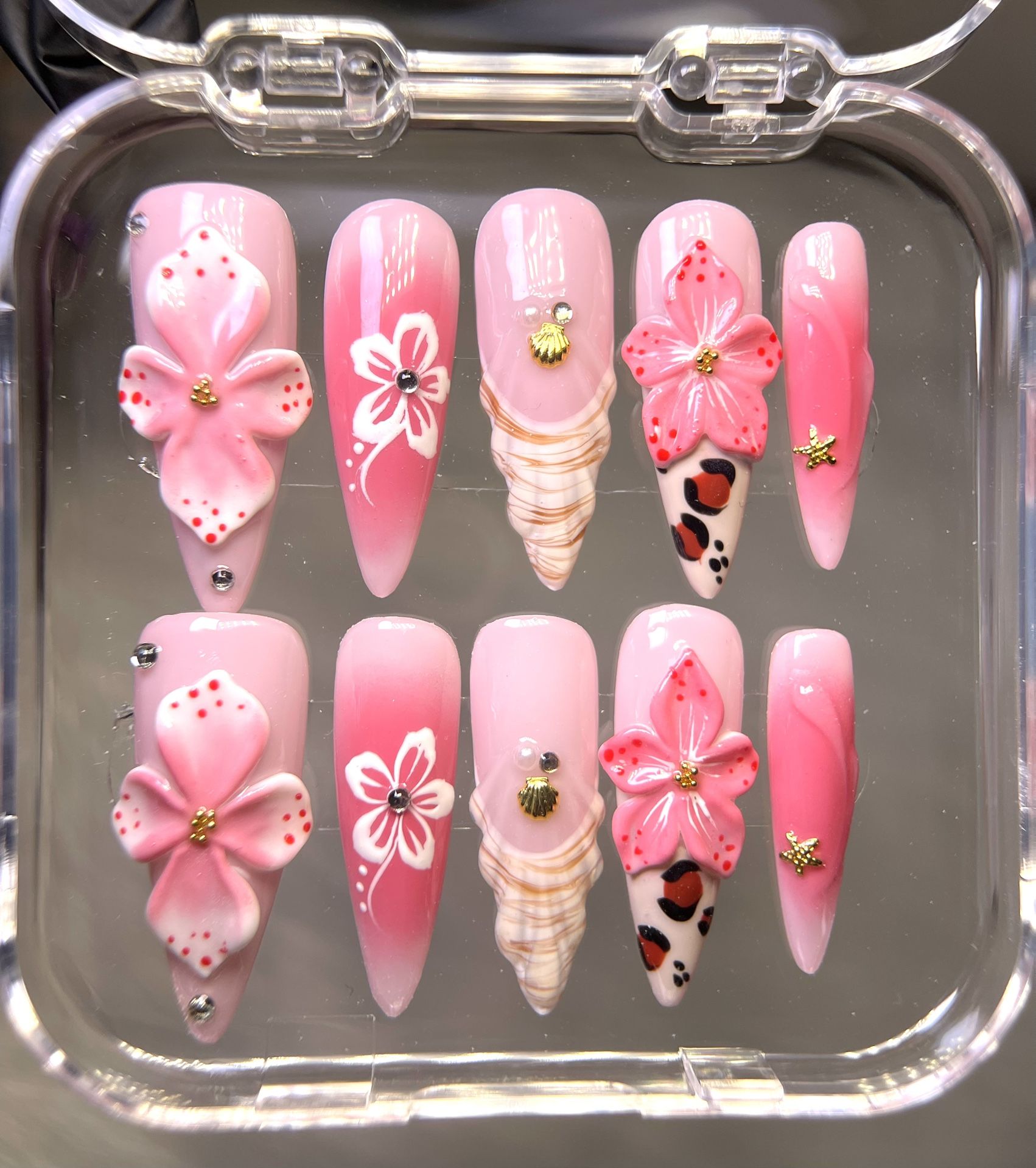 Pink Floral Press-On Nails | 3D Seashell & Butterfly Accents | Summer Vibe 
