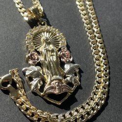 Tri Color Virgin Mary Charm With Curb Cuban Link Diamond Cut 
