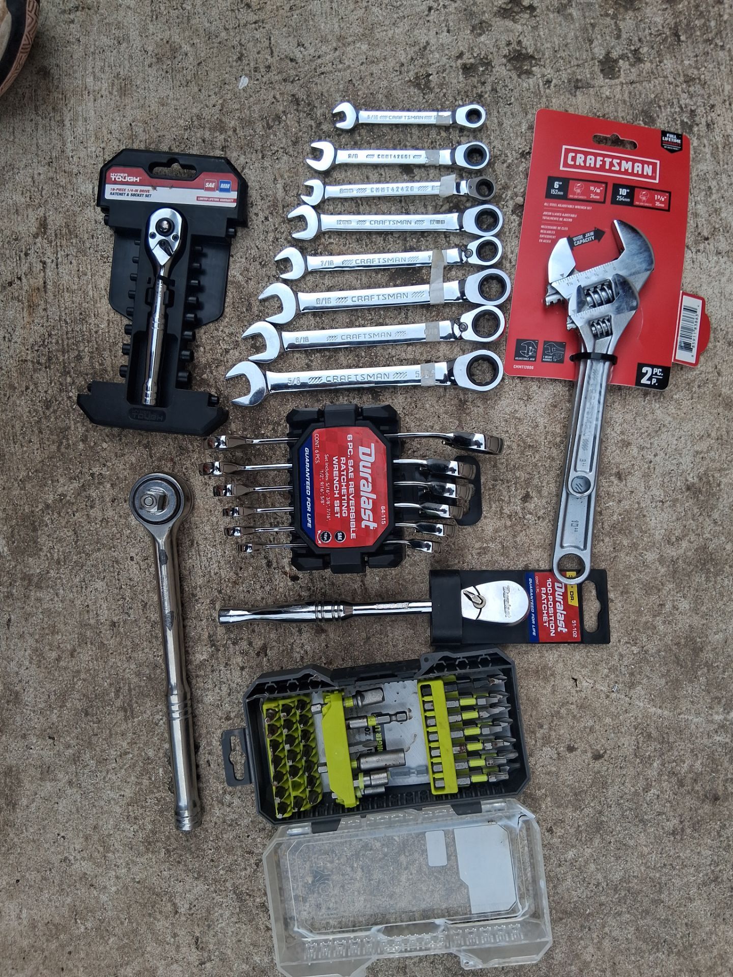 Duralast 10pc. Combination Wrench Set SAE & 9pc. Bits Set & Grip 14pc. Power Nut Driver & 6pc Drill Set