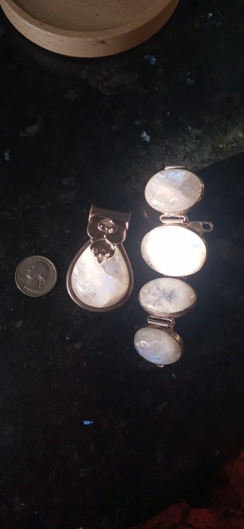 Large Moonstone Silver Bracelet And Pendant