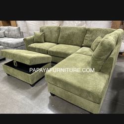 New Sage Green Sectional Sofa And Chaise Set Free Storage Ottoman Soft Plush Fabric Ashley Style Discount Furniture Warehouse Couch Sale Many Colors