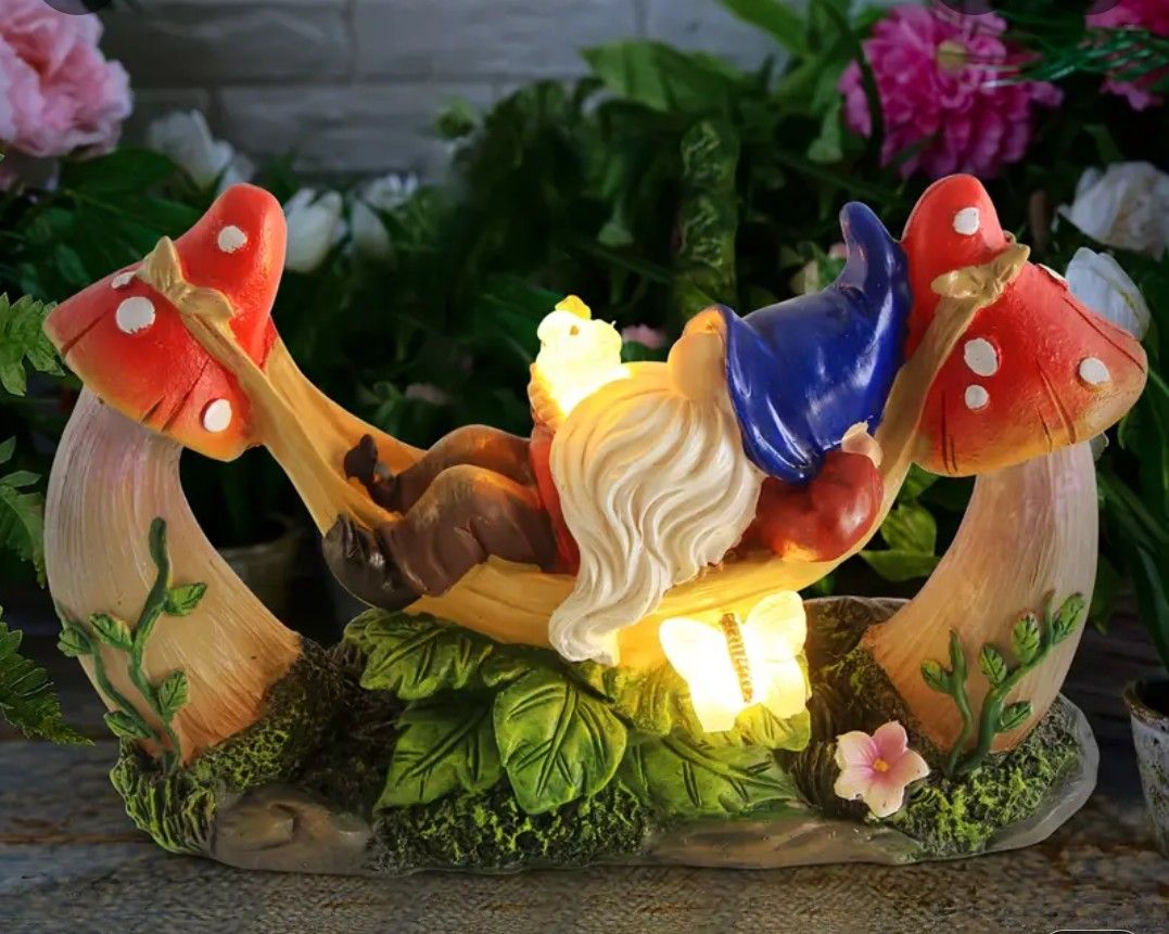 Solar Powered Gnome On A Mushroom Hammock
