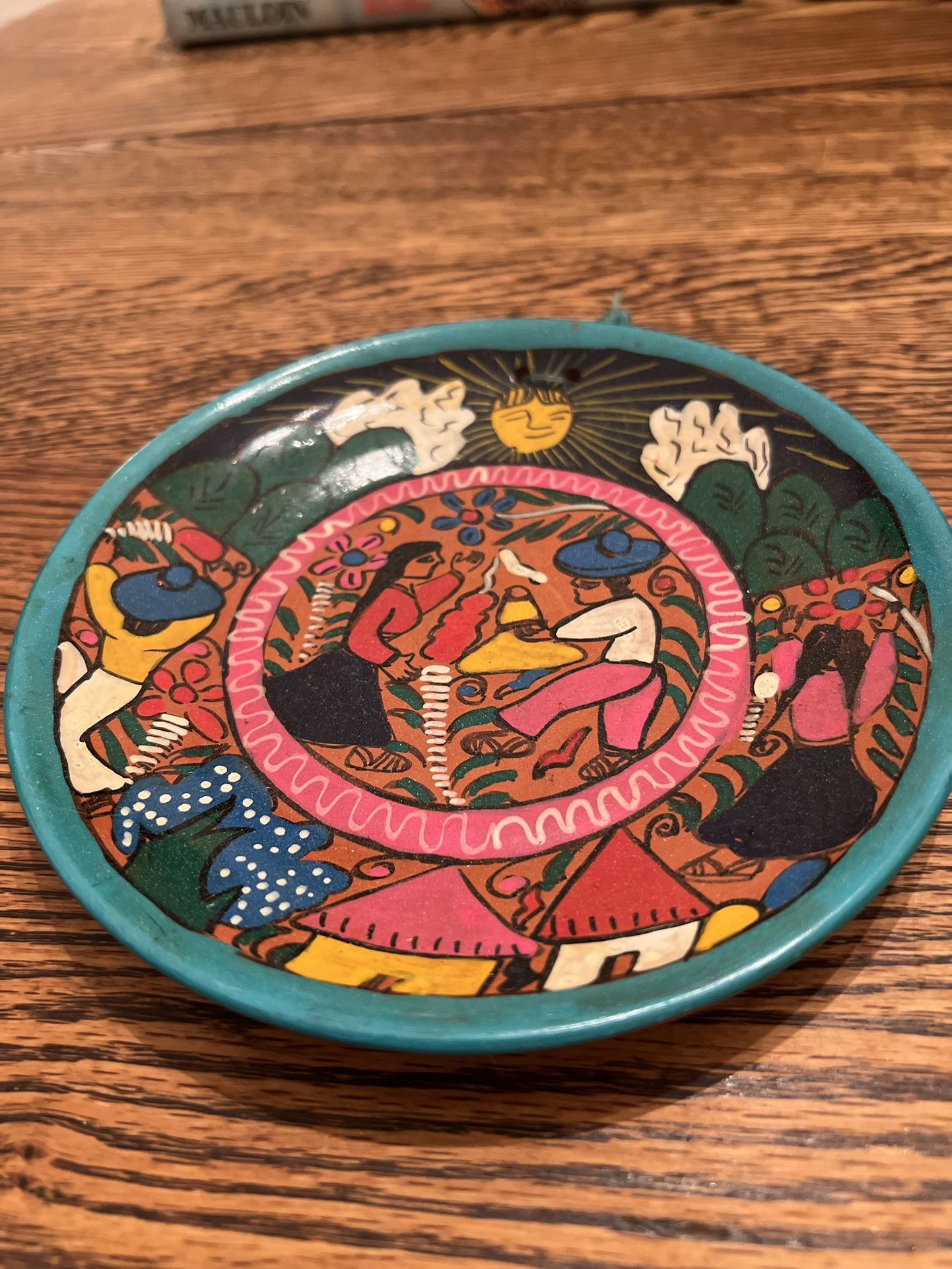Mexico Folk Art Clay Painted Plate Wall Hanging 6 1/4”