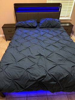 Full-Size LED Bed Frame with USB Ports and side storage– Great Condition