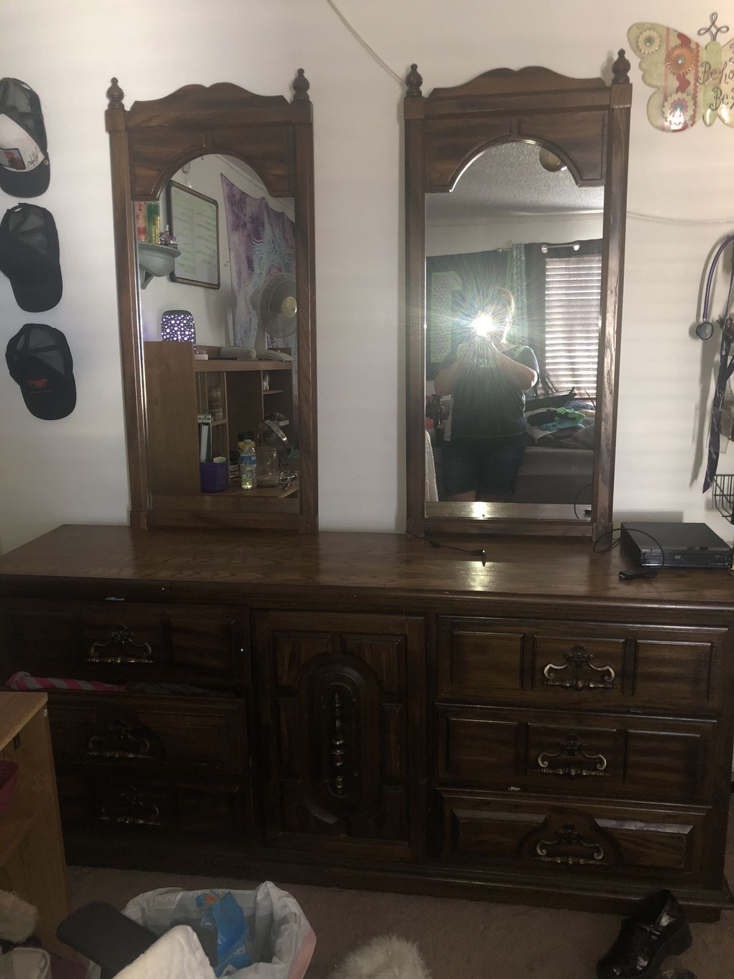 Solid wood 9 drawer dresser with 2 tall mirrors