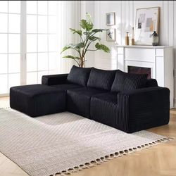 Modern minimalist L-shaped sectional modular sofa in fabric with deep seats and chaise longue on the right for living room - Cloud Black