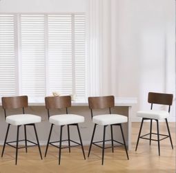 White Swivel Counter Height Bar Stools with Wood Backs and Metal Legs,– Set of 4 | 26” Seat Height