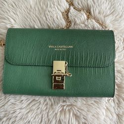 VIOLA CASTELLANI Italy Leather green Lizard Embossed Crossbody gold Chain Strap