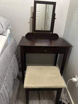 Dark Brown/Espresso Wooden Vanity Desk with Swivel Mirror & Stool
