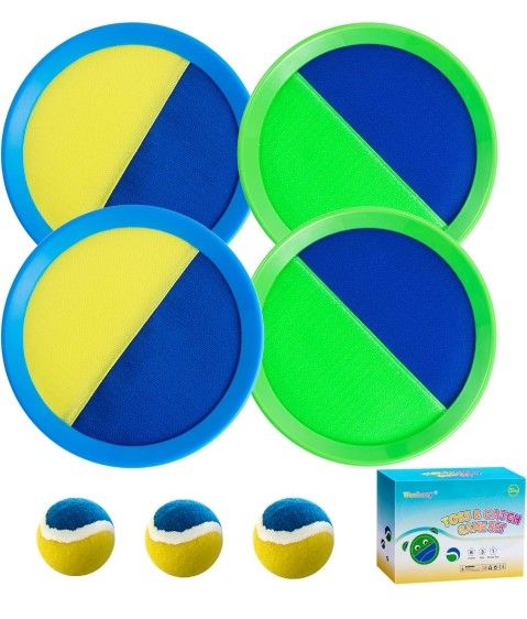 Beach Toys - Outdoor Games for Kids, Toss and Catch Ball Set with 4 Paddles 3 Balls, Toys for 3 4 5 6 7 8+ Year Old Boys Girls Christmas Birthday Gift