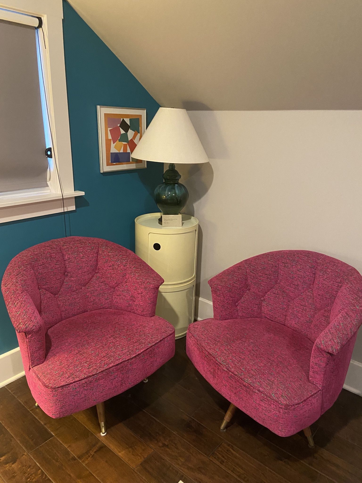 Vintage mid-century chairs with beautiful pink fabric