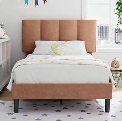 Twin Size Bed Frame with Upholstered Headboard, Heavy-Duty Bedframe with Wooden Slats & Steel