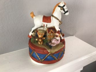 Vintage 1970. Rare Porcelain Rocking Horse Revolving Music Box plays “Toy Land” 