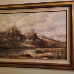 45×33 Senior Couple Boat Fishing VTG Lake Landscape Painting Signed J. Gerard
