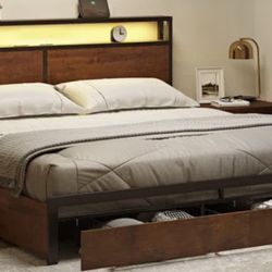 King bed with 4 storage drawers and LED lights.