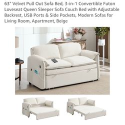 Convertible Velvet Sofa Bed w/ USB Ports – Beige (Great Condition )