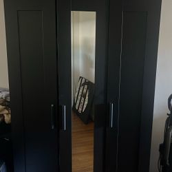 Modern Black Wardrobe / Armoire with Mirror – Good Condition (Read Description)