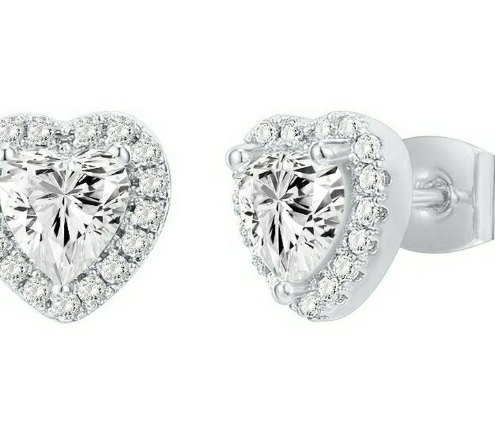 Heart Shaped White Gold Plated Silver Earrings Diamond-Like Design, Gift for Women