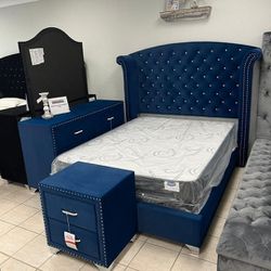 Tufted Upholstered Bedroom Set Grey or Blue Queen/King Bed Dresser Nightstand Mirror Chest Options 