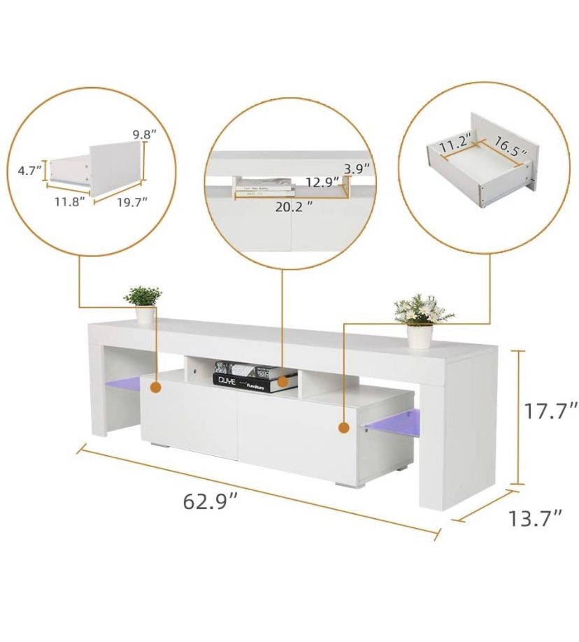 New 63” White TV Stand With LED light - Entertainment Center - TV Cabinet with Storage