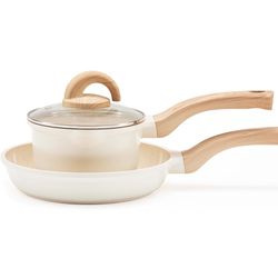 Non Stick Pots and Pans Set Ceramic Cookware Set with Granite Dot, 3pcs Kitchen Cooking Sets Frying Pan Saucepan, No PTFE, No PFAS, Bright Cream