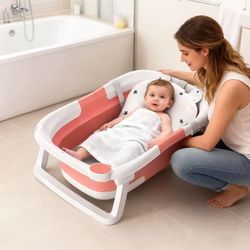 Cochildor Foldable baby bathtub with bath pad, visual temperature sensor, drain hole, portable travel bath, Halloween gift