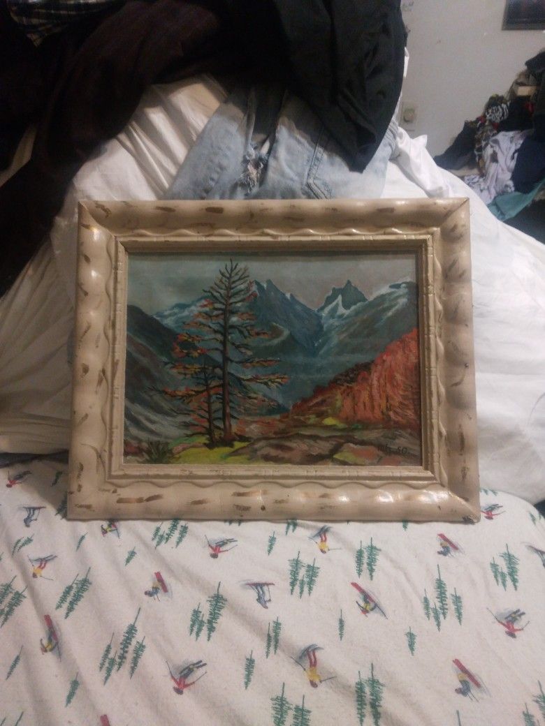 Vintage Oil Painting Of A Mountain Landscape Signed Mh 50 L 20 X H 26 X W 2 Used