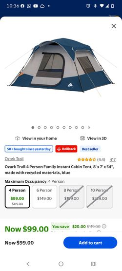 Ozark Trail 4 Person Family Instant Cabin Tent, 8' x 7' x 54", made with recycled materials, blue