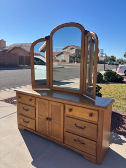 Stanley dresser with mirror: 70”wide*18”deep*31.5”tall