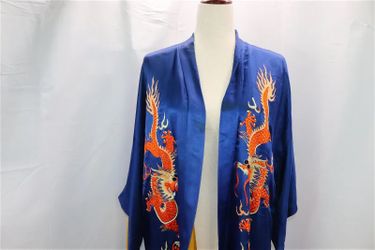 Vintage Blue Silk Robe With Dragon Embroidery