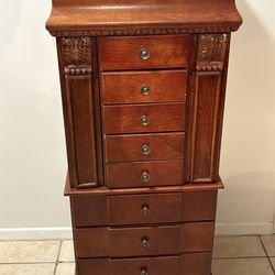 Wooden Jewelry Cabinet Storage Stand Dresser Green Velvet Lining 43Hx18.5Lx13.5W