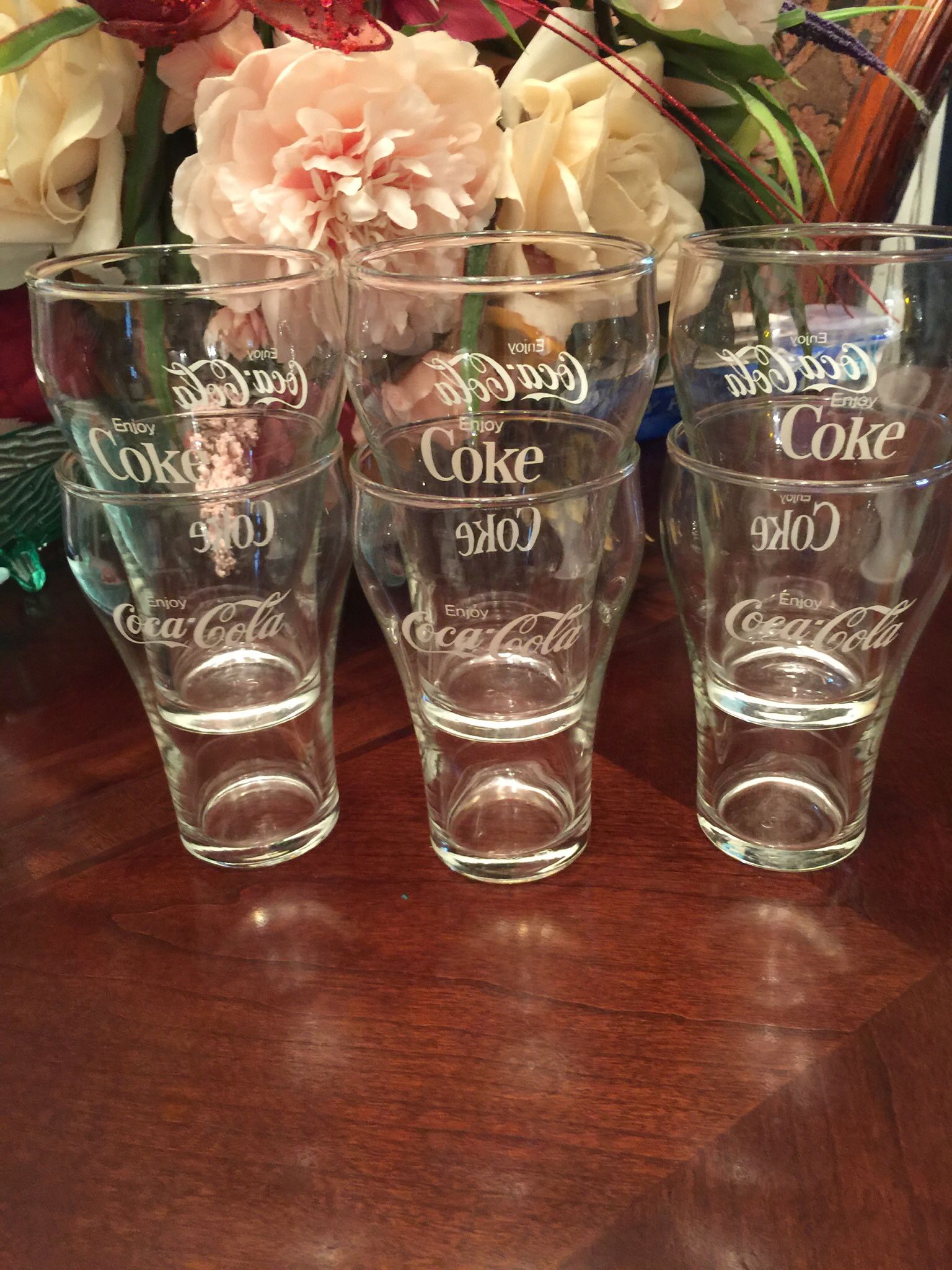 Set Of Six White Letter 8 0z Coke Glasses